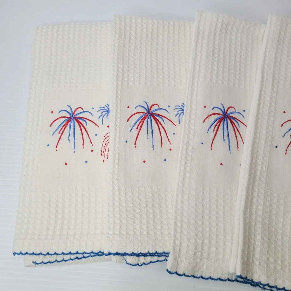 TAG Brand Dish Towel Embroidered Fireworks USA Patriotic Design White NEW RARE